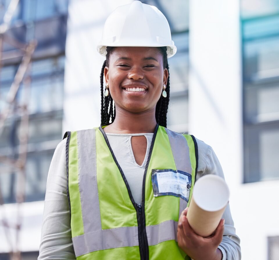 Architecture, project management and portrait of black woman at construction site for civil enginee