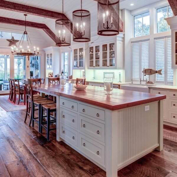 Beautiful luxury kitchen and dining room with view windows.