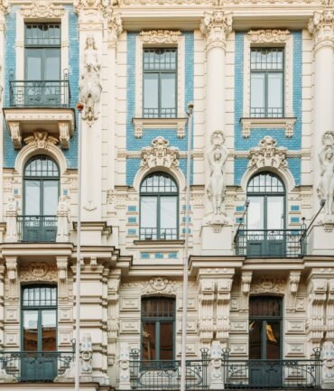 Riga, Latvia. Facade Of Art Nouveau Building Designed by Mikhail